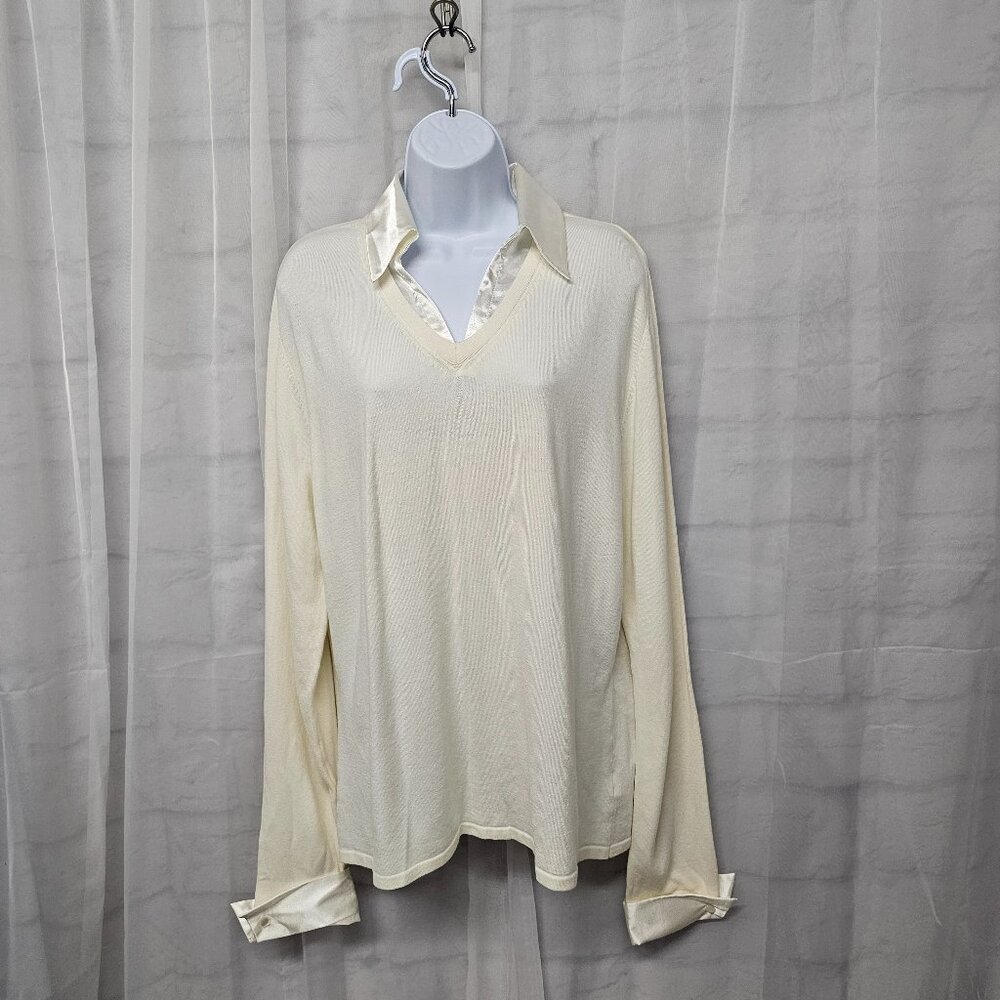 Vintage Worthington V-neck Sweater Off White Satin Knit Office XL NWT